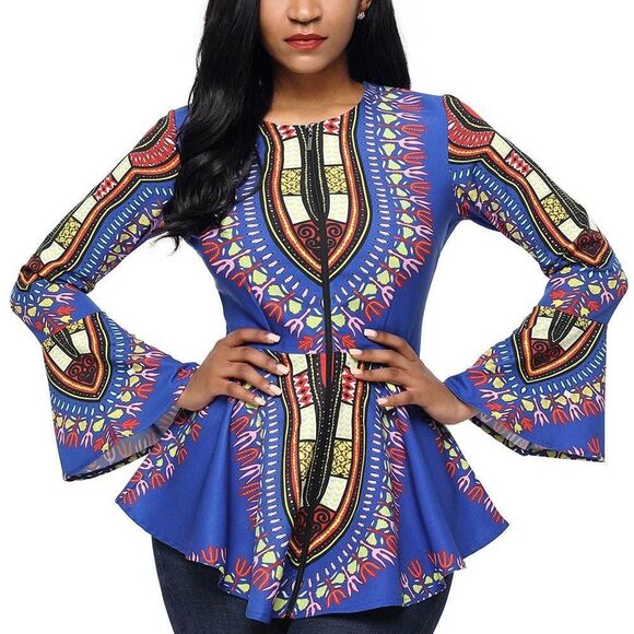 Tops - Women’s Cobalt Blue African Print Zipper Front Long Sleeve Top